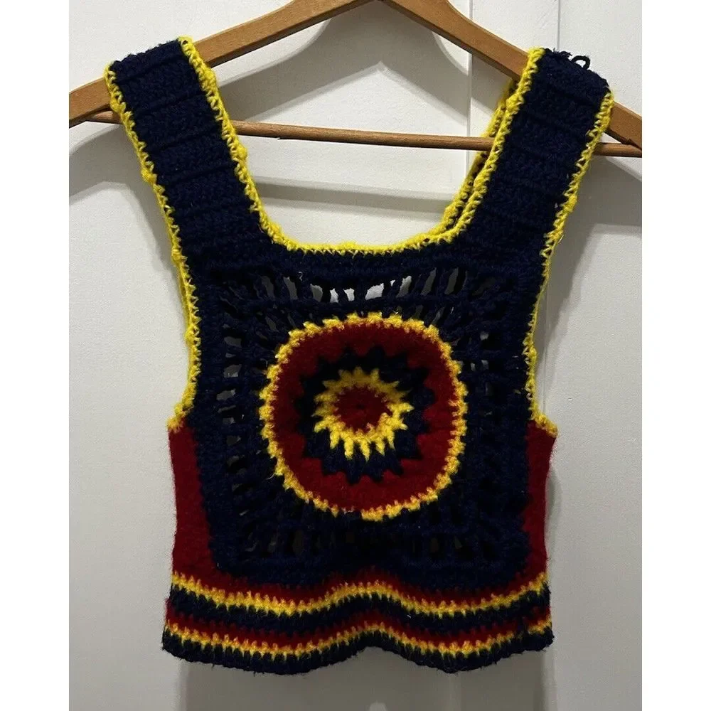 BOHO Hippie Vintage Handmade Crochet Granny Purple Flower Vest Tank Small - Picture 8 of 11